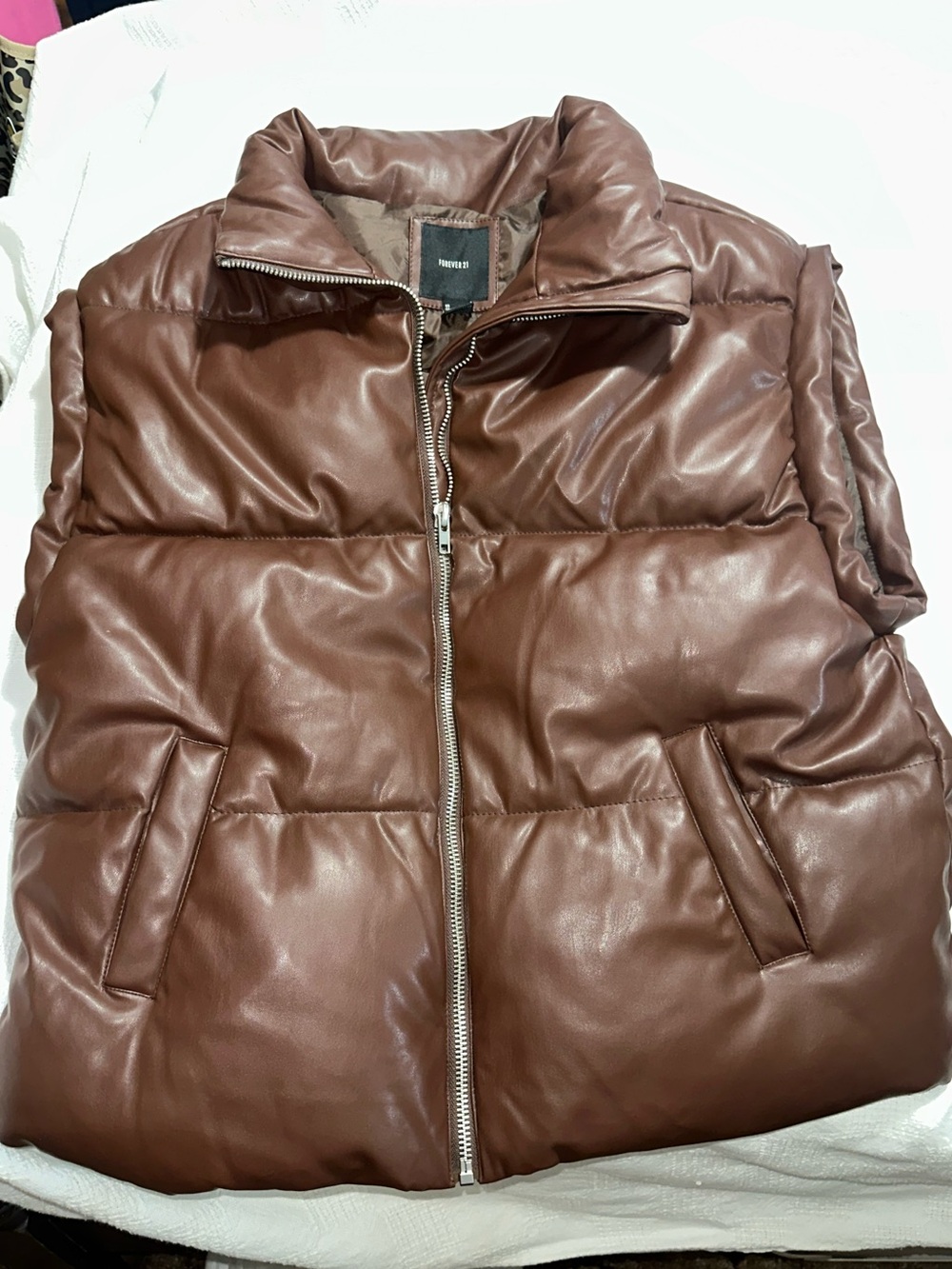 Forever 21 Brown Faux Leather Puffer Vest Women’s Large L Zip Up Fall Y2K - Picture 5 of 9
